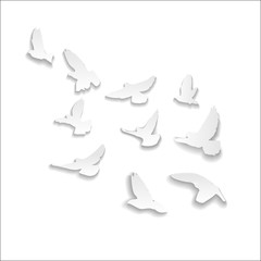 A flock of white doves flies up, carved from paper with shadows.