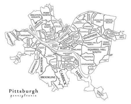 Modern City Map - Pittsburgh Pennsylvania city of the USA with neighborhoods and titles outline map