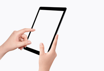 Obraz na płótnie Canvas Female hands holding and touching empty screen of black tablet, isolated on white background. Empty screen for mockup design. Mockup