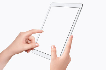 Female hands holding and touching empty screen of white tablet, isolated on white background. Empty...