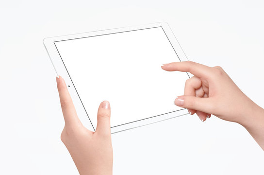 Female Hands Holding And Touching Empty Screen Of White Tablet In Horizontal Position, Isolated On White Background. Empty Screen For Mockup Design