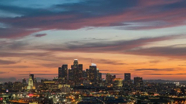 Sunset to night motion timelapse of the beautiful Los Angeles skyline, California