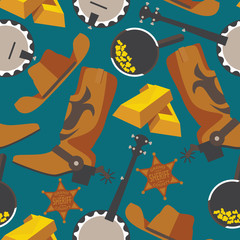 Wild west objects for gold rush or cowboy in seamless pattern on blue background. Flat wrangler boots, gold bar, puncher hat, banjo.