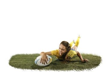 The young female rugby player isolated on white backround