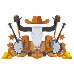 Vector symmetrical scene with wild west cowboy objects like scull, money, gold rush goods, boots and banjo isolated on white