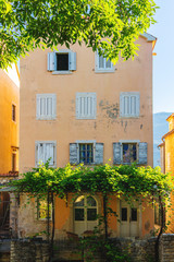 Facade of old historical buildings at ancient city Budva, Montenegro