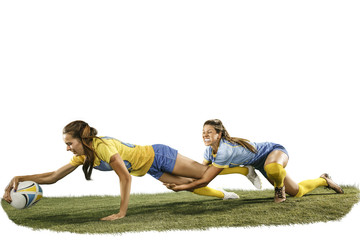 The young female rugby players isolated on white backround
