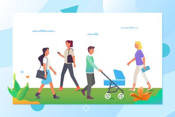 people walking in the city park.Vector cartoon active characters in various lifestyles in street