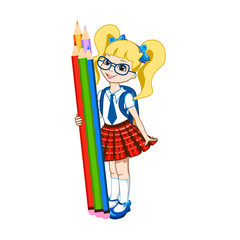 Cute schoolgirl with color pencils