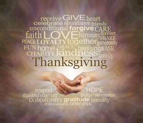 Words associated with Thanksgiving - female hands gently cupped surrounded by a THANKSGIVING word cloud emerging from warm coloured background 