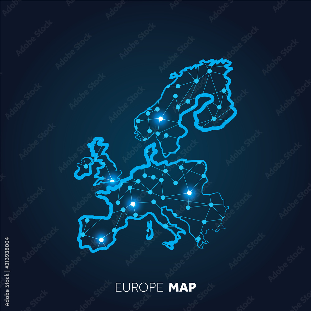 Poster map of europe made with connected lines and glowing dots.