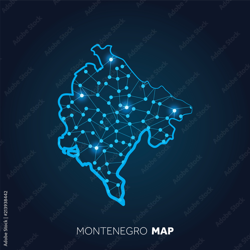 Poster map of montenegro made with connected lines and glowing dots.
