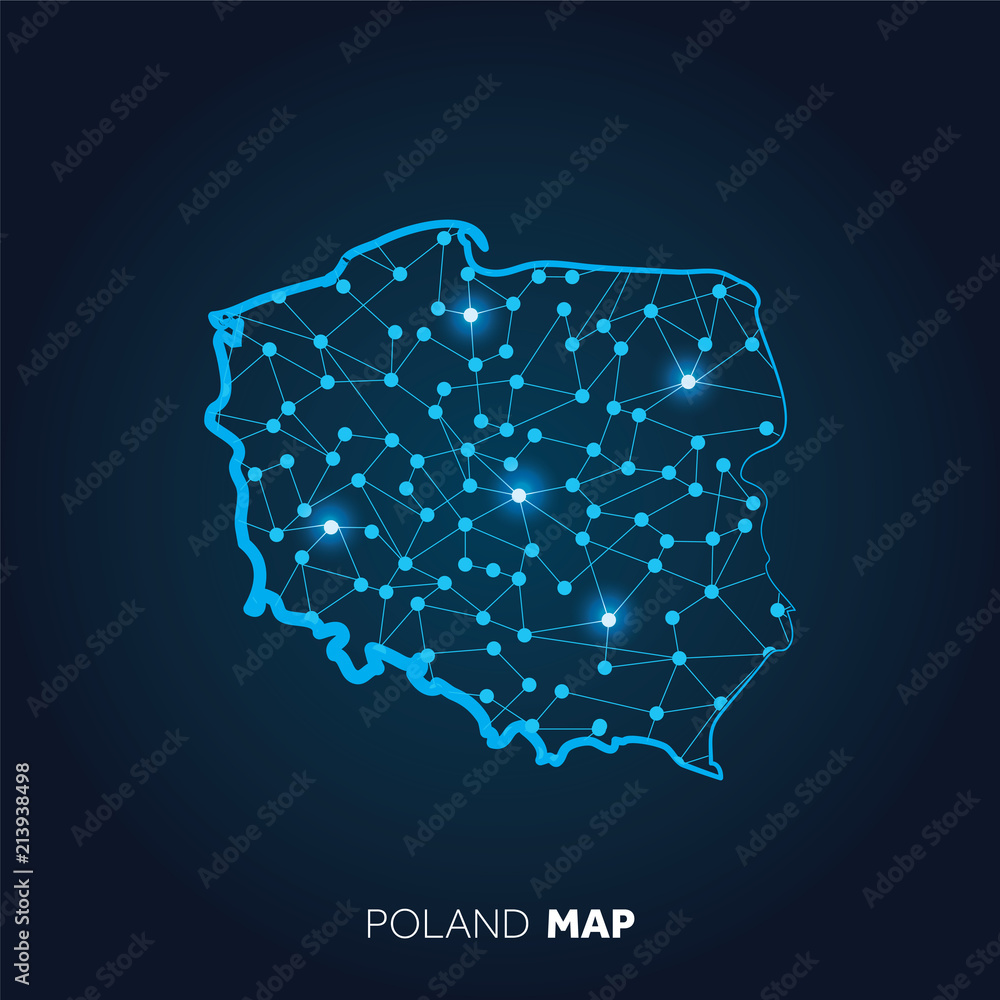 Poster map of poland made with connected lines and glowing dots.