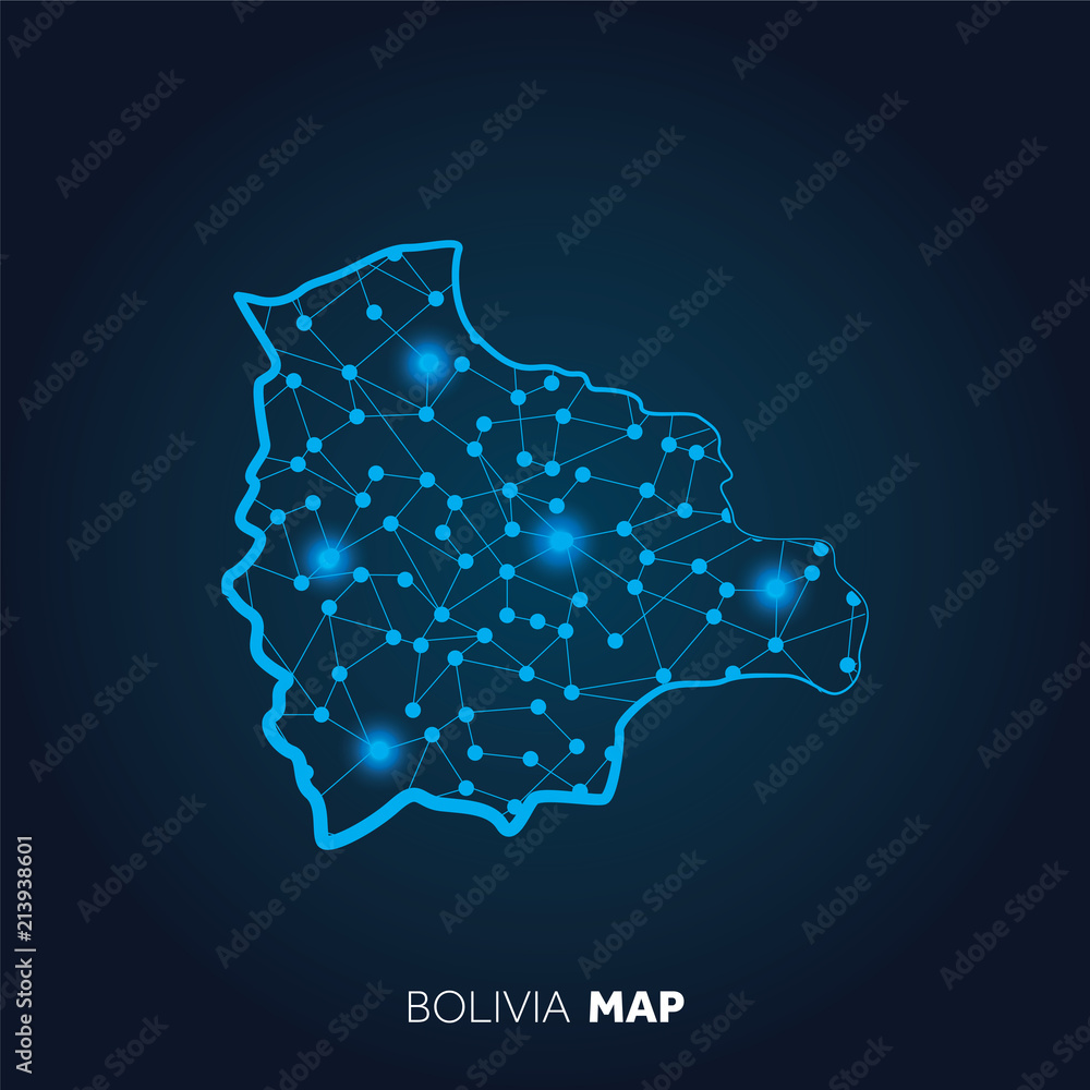 Poster map of bolivia made with connected lines and glowing dots.
