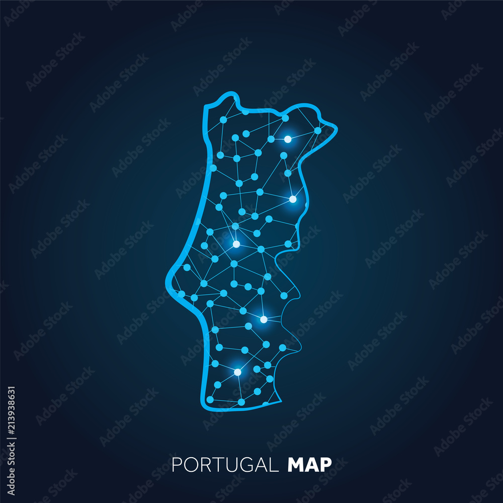 Poster map of portugal made with connected lines and glowing dots.