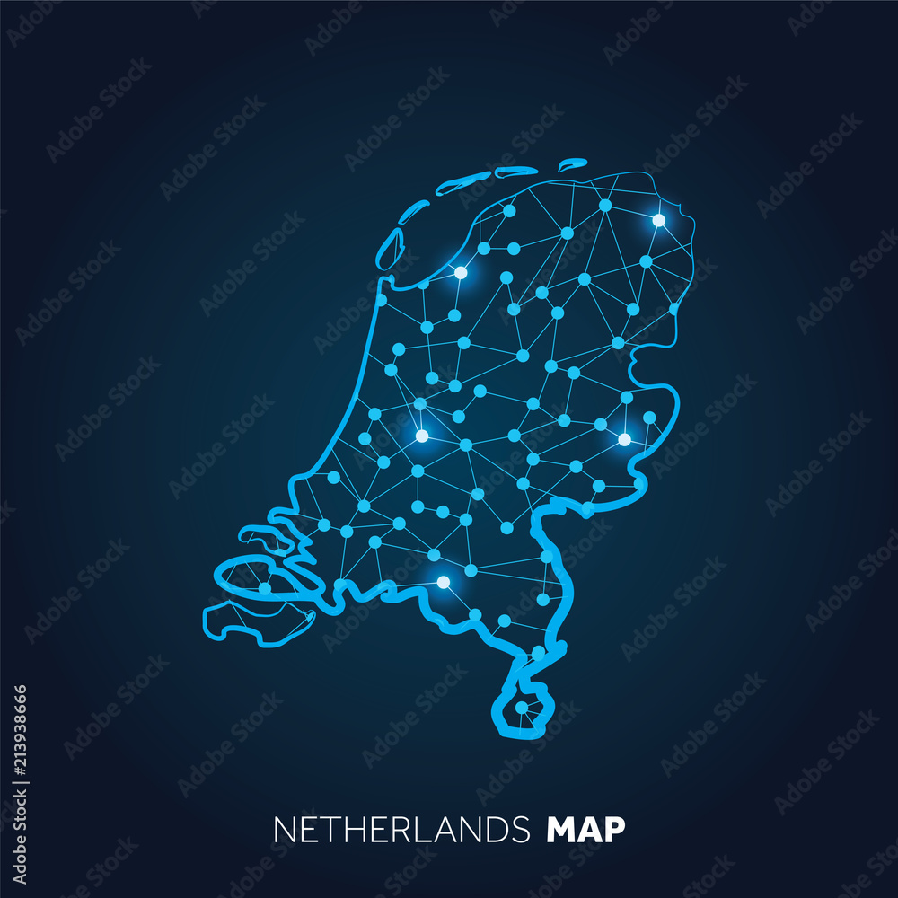 Poster map of netherlands made with connected lines and glowing dots.