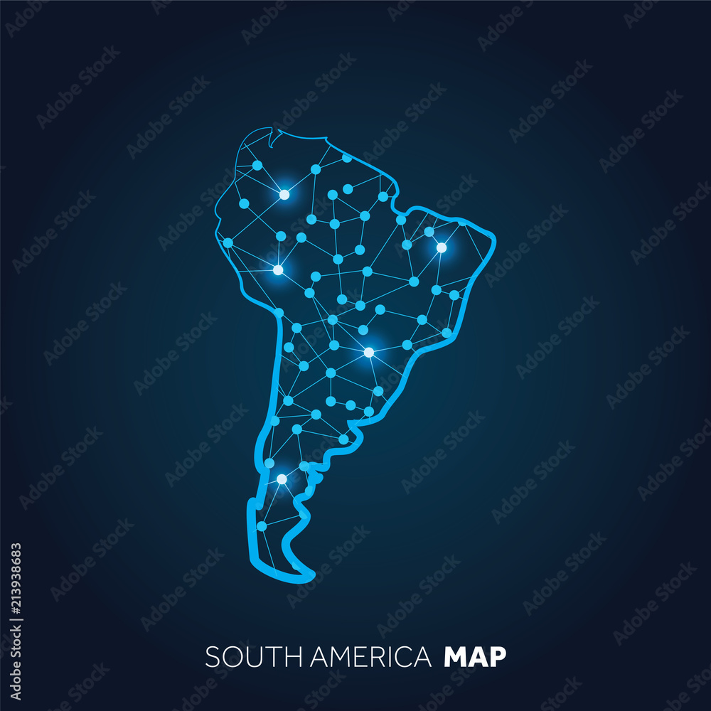 Wall mural map of south america made with connected lines and glowing dots.