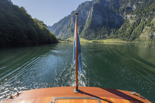 Germany, Bavaria, Berchtesgaden Alps, Lake Obersee, flag on ferry
