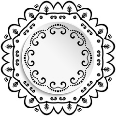 Round vector frame with floral elements and arabesques. Black and white pattern with arabesques. Fine greeting card