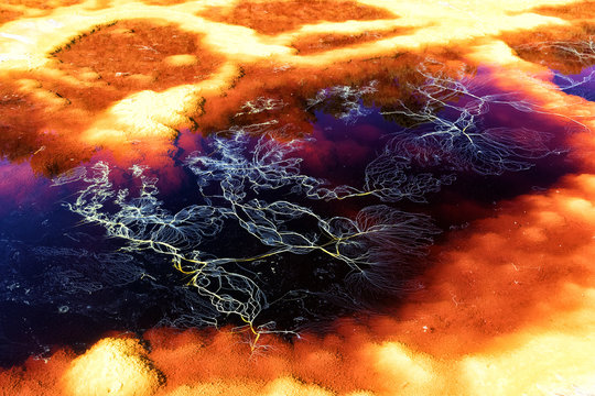 Red mineral laden water in Rio Tinto, Minas de Riotinto mining area, Huelva, Spain
