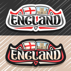 Vector logo for England, fridge magnet with english flag, original brush typeface for word england and national english symbol - southern entrance to York, Micklegate Bar on blue cloudy sky background