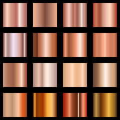 Copper gradients set. Collection of metallic gradient for background, cover, frame, ribbon, banner, coin, label, flyer, card, poster etc. Vector.