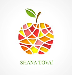Design template with cut out multicolor apple. Greeting card design for Jewish New Year, Rosh Hashanah. Vector illustration