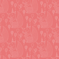 Birthday vector seamless pattern with cheerful cute squirrel. Cute outline illustration with balloons and animals on a red background