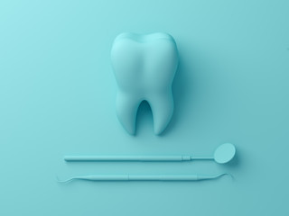 Teeth with dental plaque tool. Concept Dental care cleaning bacterial plaque on pastel background. Minimal flat lay concept. 3d render