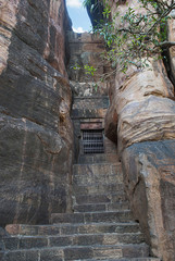 Naklejka premium Unknown temple between Cave 2 and Cave 3, Badami Caves, Karnataka.