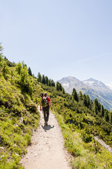 Fototapeta na wymiar Pontresina, Val Rosen, Piz Bernina, Muottas Muragl, Wanderweg, Wanderer, Oberengadin, Graubünden, Sommer, Schweiz