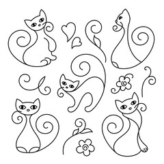 Set of cute cartoon cats curls lines. Flower, leaf, branch, heart design elements. Vector illustration.