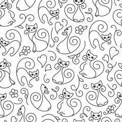 Seamless pattern of cute cartoon cats curls lines. Flower, leaf, branch, heart. Vector illustration.