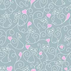 Fototapeta premium Seamless pattern of cute cartoon cats curls lines and heart. Vector illustration.