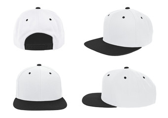 Blank baseball snap back cap two tone color white/black on white background