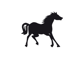 Fototapeta na wymiar Black horse silhouette isolated on white background, happy animal starting to run, single funny creature