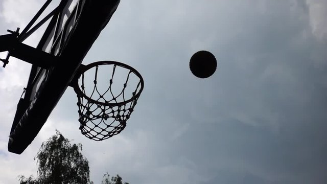 The basket ball flies. Slow-motion shooting of 240 frames per second
