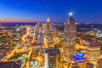 Atlanta, Georgia, USA downtown aerial skyline at night.