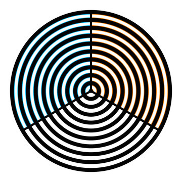 Watercolor optical illusion on circular gratings. The thin blue and orange lines along the circular gratings appear to spread over the black and white regions. Illustration on white background. Vector