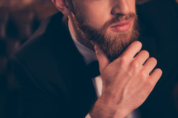 Lifestyle leisure masculinity leadership career success dream people concept. Cropped half-faced view close up photo of serious professional pensive dreamy macho touching chin planning start-up