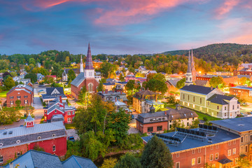 Montpelier, Vermont, USA town skyline at dusk in early autumn.