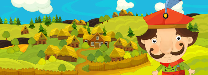 Fototapeta premium cartoon scene with nobleman near the farm village - illustration for children
