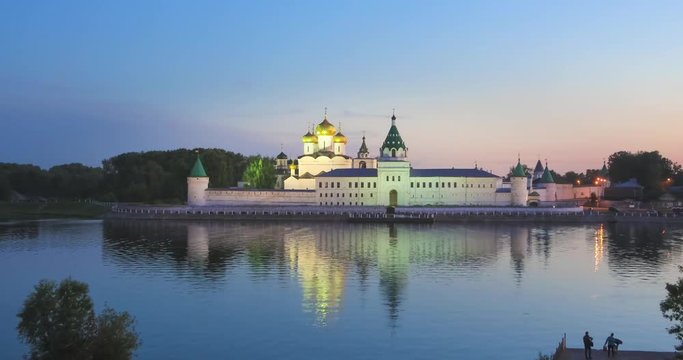 Ipatiev Monastery reflecting in water at dusk, Kostroma, Russia
