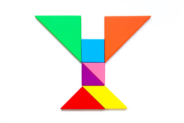 Color tangram puzzle in english alphabet y shape on white background