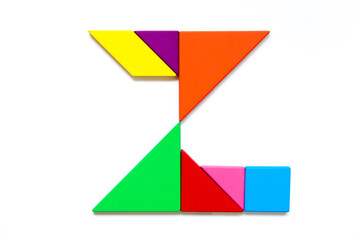 Color tangram puzzle in english alphabet z shape on white background