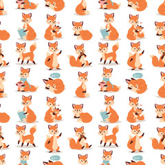 Fox character doing different activities funny happy nature red foxy cute adorable tail and wildlife orange forest animal seamless pattern background vector illustration.
