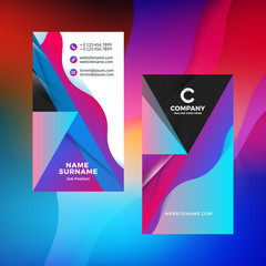 Double-sided vertical business card template with abstract background. Vivid gradients. Vector mockup illustration. Stationery design