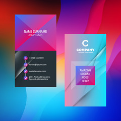 Double-sided vertical business card template with abstract background. Vivid gradients. Vector mockup illustration. Stationery design