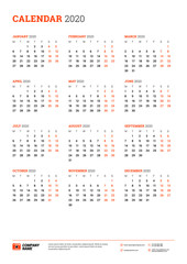 Calendar for 2020 year. Week starts on Monday. Printable vector stationery design template