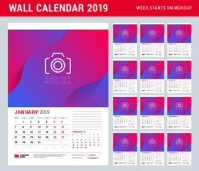 Wall calendar planner template for 2019 year. Set of 12 months. Week starts on Monday. Vector illustration